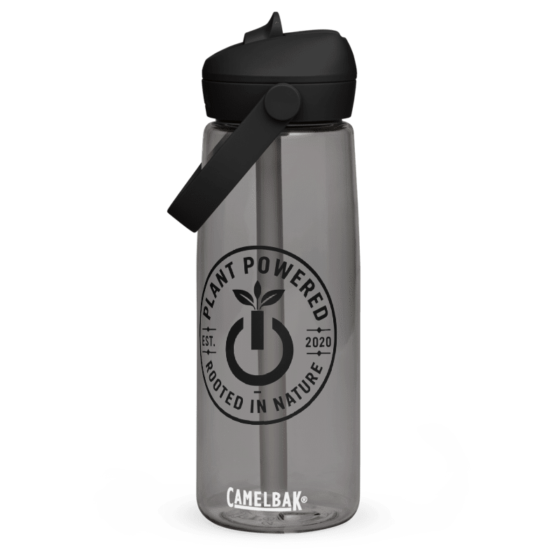 Charcoal CamelBak Thrive bottle with the black-ink Plant Powered badge above the CamelBak logo.