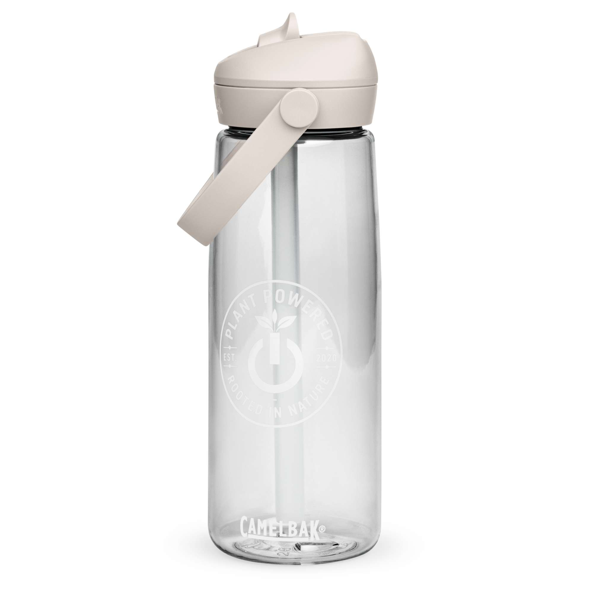 Clear CamelBak Thrive bottle with the white Plant Powered badge above the CamelBak logo.