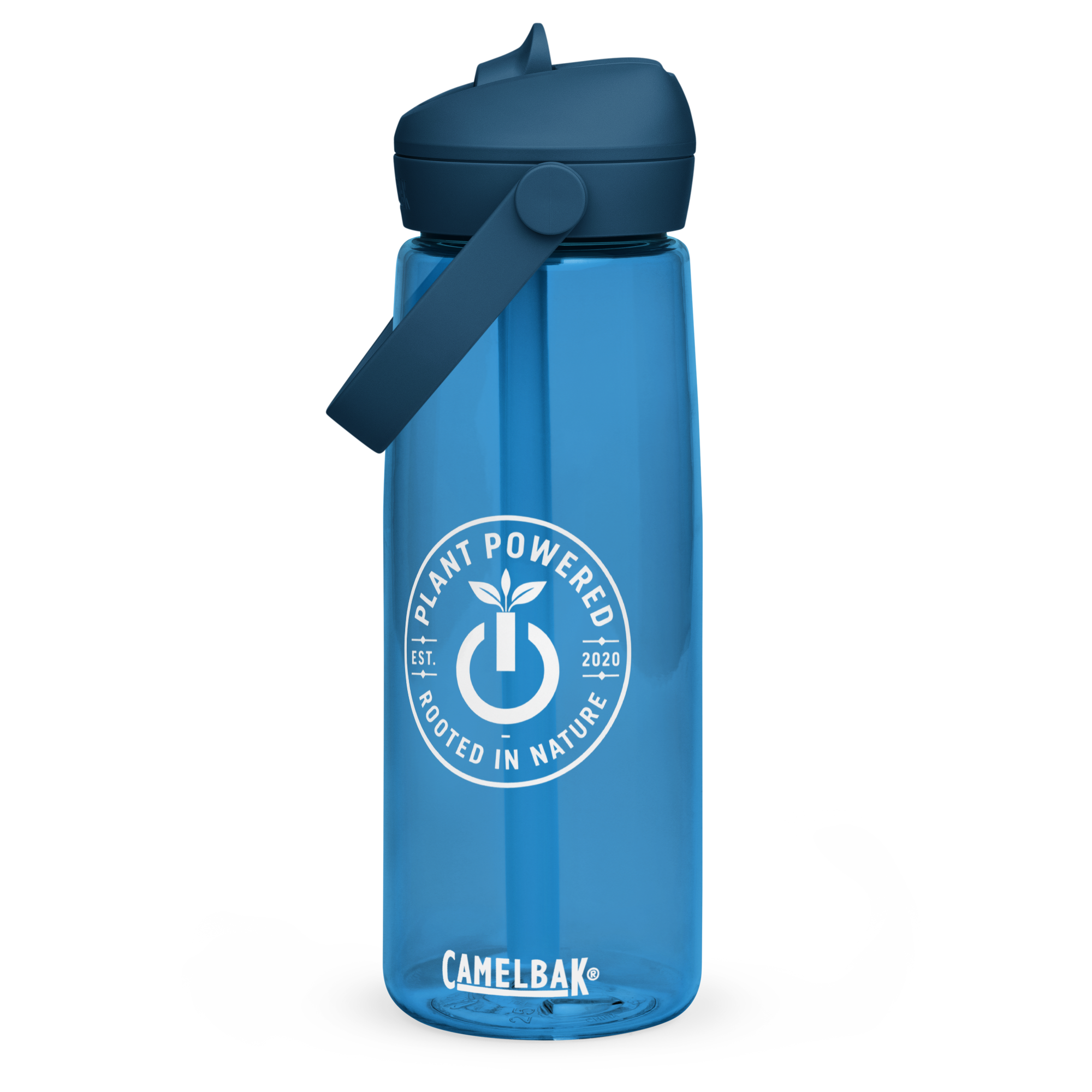 Oxford Blue CamelBak Thrive bottle with the white Plant Powered badge above the CamelBak logo.