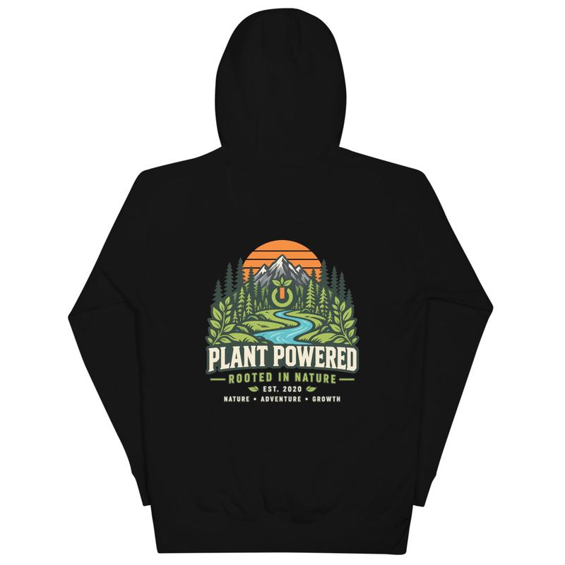 Mountain Roots Hoodie in Black, back with the mountain, forest, and river artwork