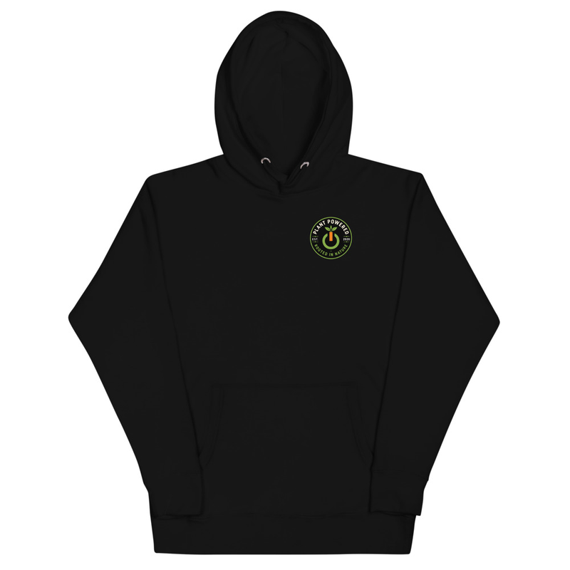 Mountain Roots Hoodie in Black, front with the Plant Powered chest badge