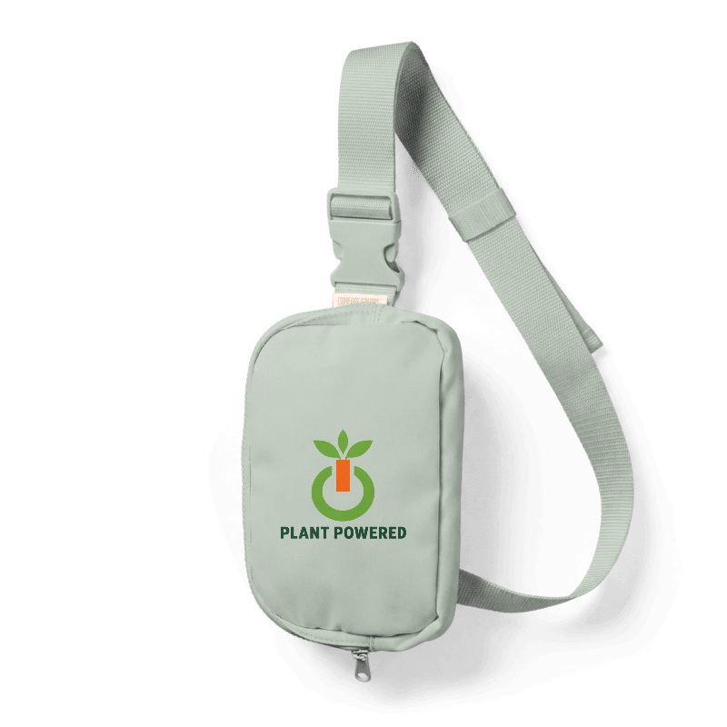 Bay Comfort Colors sling bag with the green and orange Leaf Power emblem and PLANT POWERED lettering centered on the front.