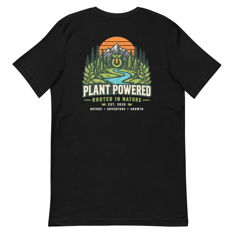 Rooted in Nature Tee in Black, back with the mountain, forest, and river artwork