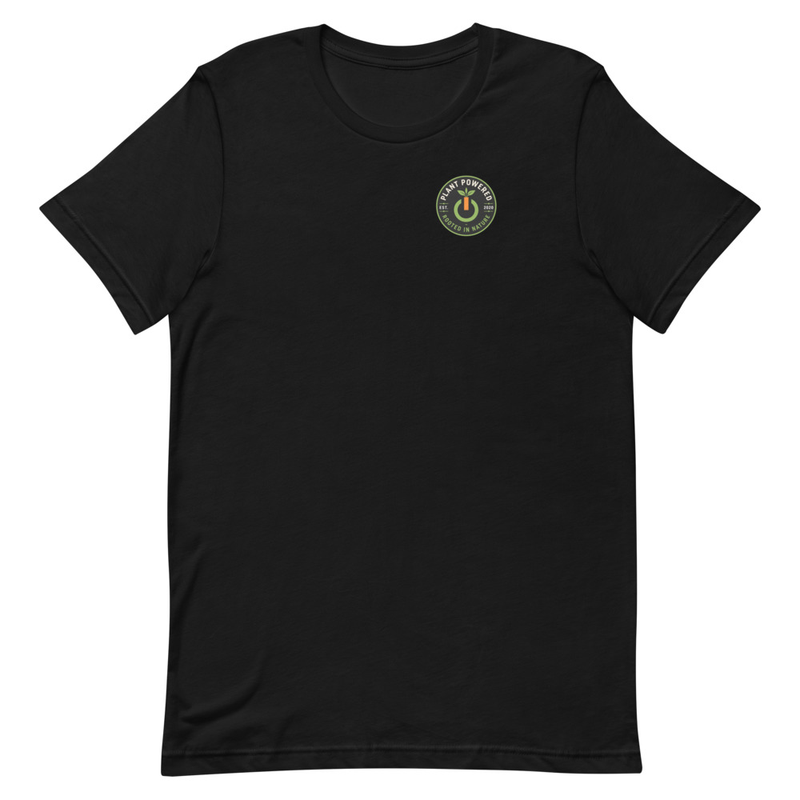 Rooted in Nature Tee in Black, front with the Plant Powered chest badge