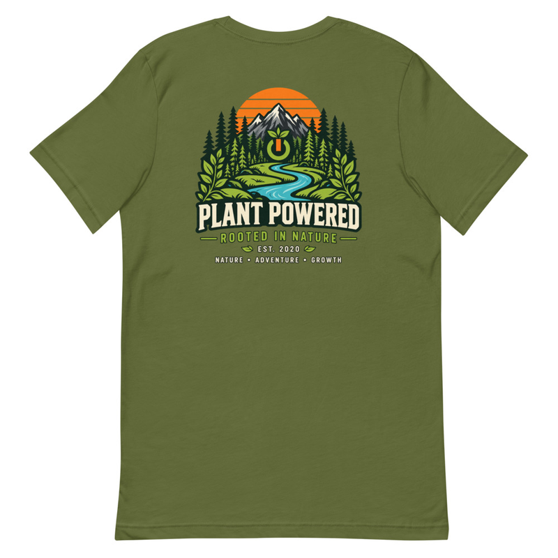 Rooted in Nature Tee in Olive, back with the mountain, forest, and river artwork