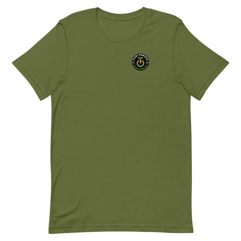 Rooted in Nature Tee in Olive, front with the Plant Powered chest badge