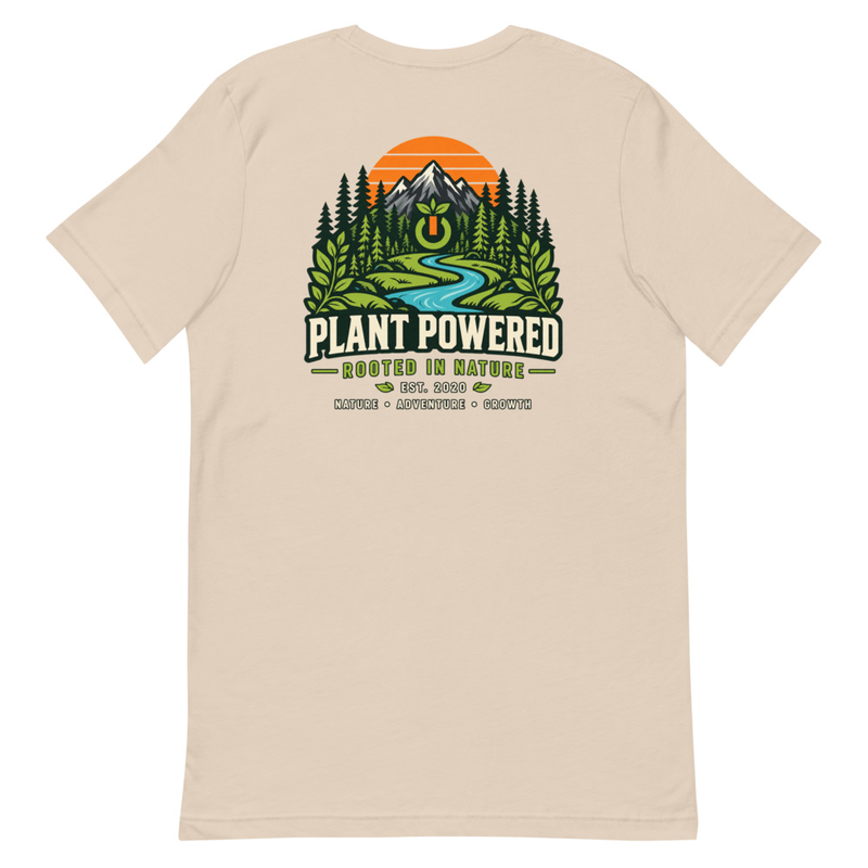 Rooted in Nature Tee in Soft Cream, back with the mountain, forest, and river artwork