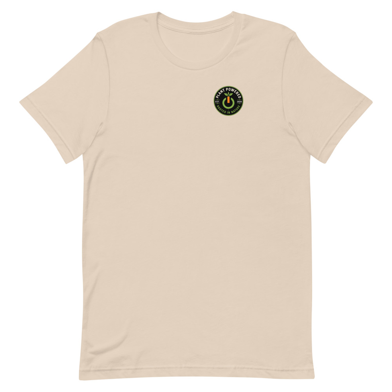 Rooted in Nature Tee in Soft Cream, front with the Plant Powered chest badge